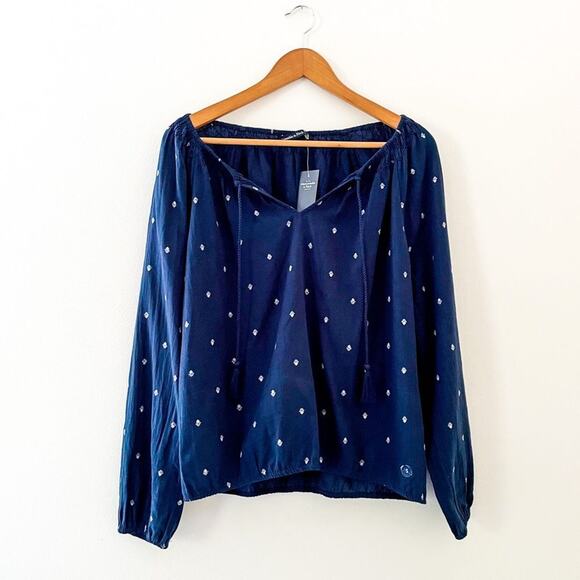 Abercrombie and Fitch NWT Blue and White Tasseled Peasant Blouse, Size Small - Picture 1 of 9